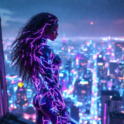 The primary subject of the image is a woman wearing a futuristic, pink and blue outfit. She is standing on a rooftop, overlooking a cityscape at night. The setting includes a city with tall buildings and a skyline. The visual style of the image is a combination of photo and digital art, creating a unique and captivating scene. The colors and mood of the image are predominantly pink and blue, giving it a vibrant and lively atmosphere.